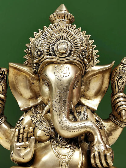 Brassaura™ Brass Lord Chaturbhuja Ganesha Idol | Height 12.6 Inches & Weight 9.11 kgs