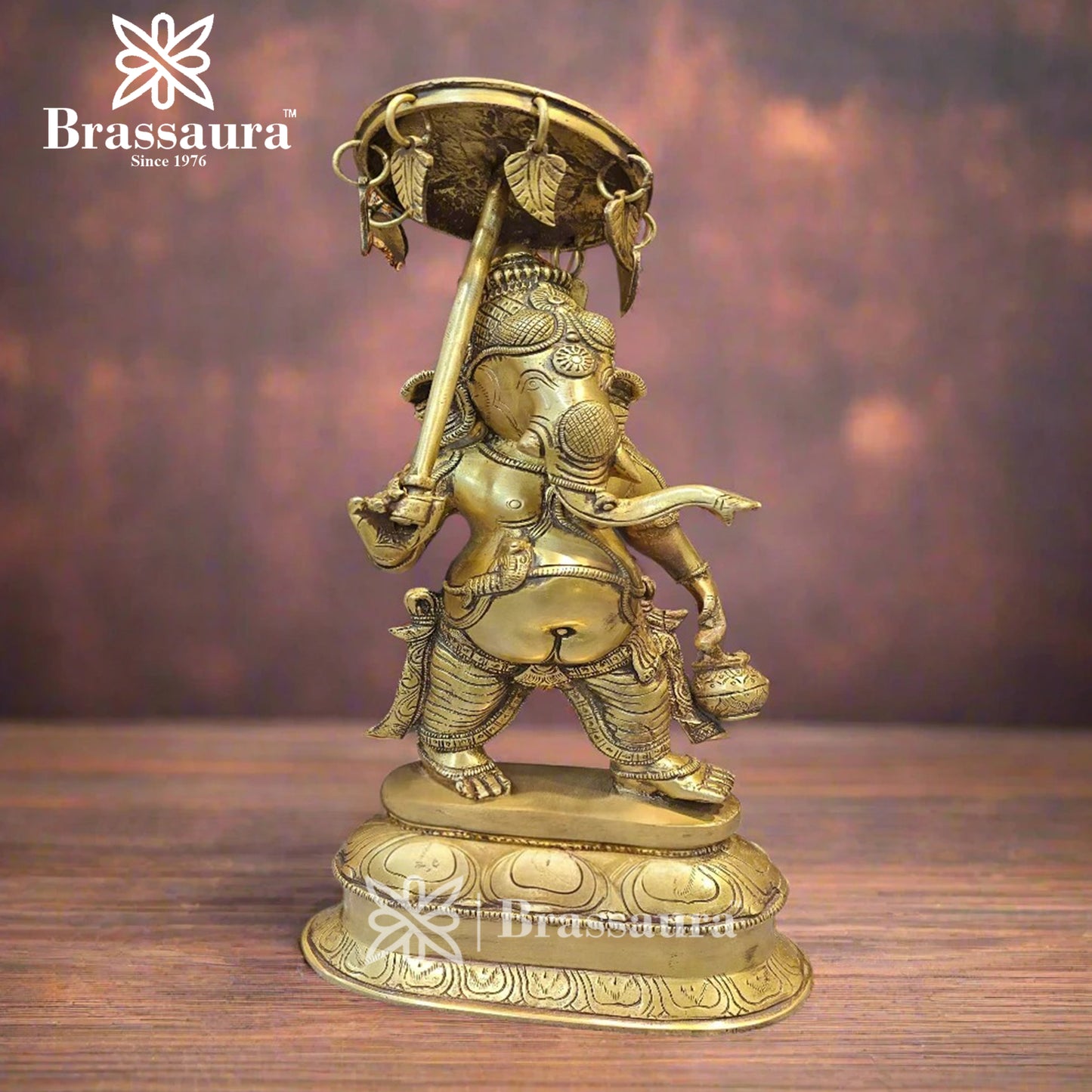 Brassaura™ Brass Umbrella Ganesha Statue for Home and Decor | Weight 5 Kgs | Height 15 Inches