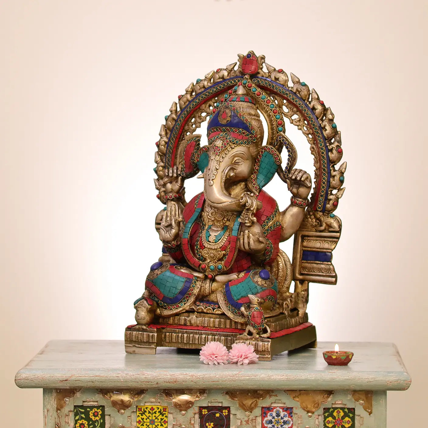 Brassaura™ Seated Lord Ganesha with Prabhavali | Pure Brass with Meenakari Inlay Work | Height 19 Inches & Weight 20 Kgs