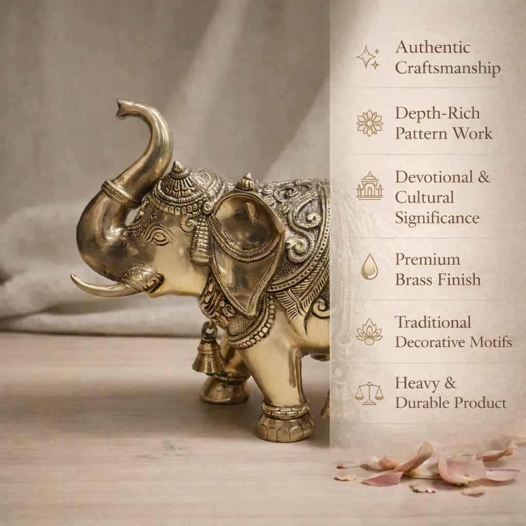 Brassaura® Royal Elephant Standing Statue with Polished Finish | Pure Superfine Brass Handcrafted Murti | Brass Statue for Home Temple, Pooja Room | Height 11.5 Inches | Weight 11.670 Kgs