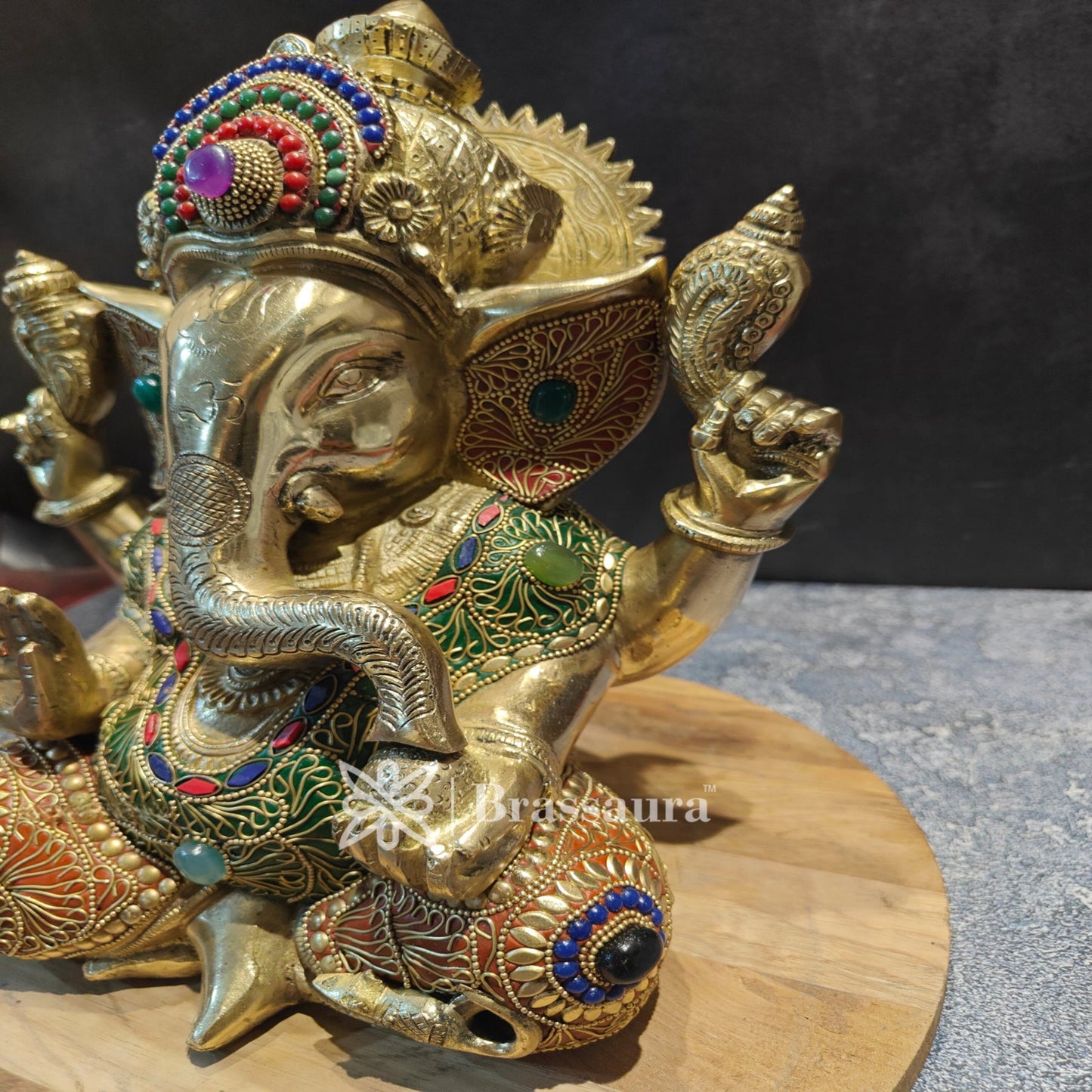 Brassaura™ Brass Gem Stone Work Ganesha Idol for Home and Decor | Weight 9 Kgs | Height 12 Inches