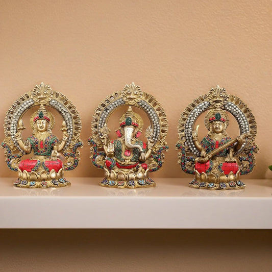 Brass Gem Stone Work Laxmi Ganesha Saraswati Murti for Home and Decor Height 9.5 Inches & Weight  10.2 Kgs