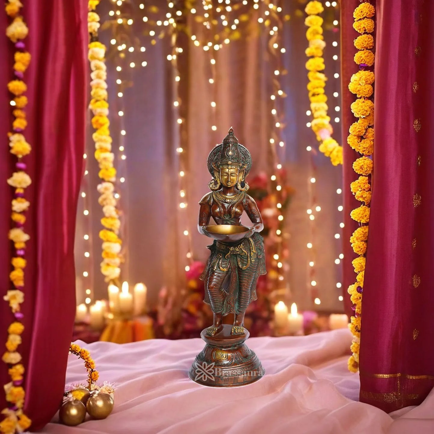Brass Lady Holding Diya Weight 11.5 Kg And Height 28 Inch