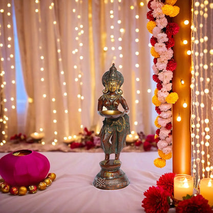 Brass Lady Holding Diya Weight 11.5 Kg And Height 28 Inch