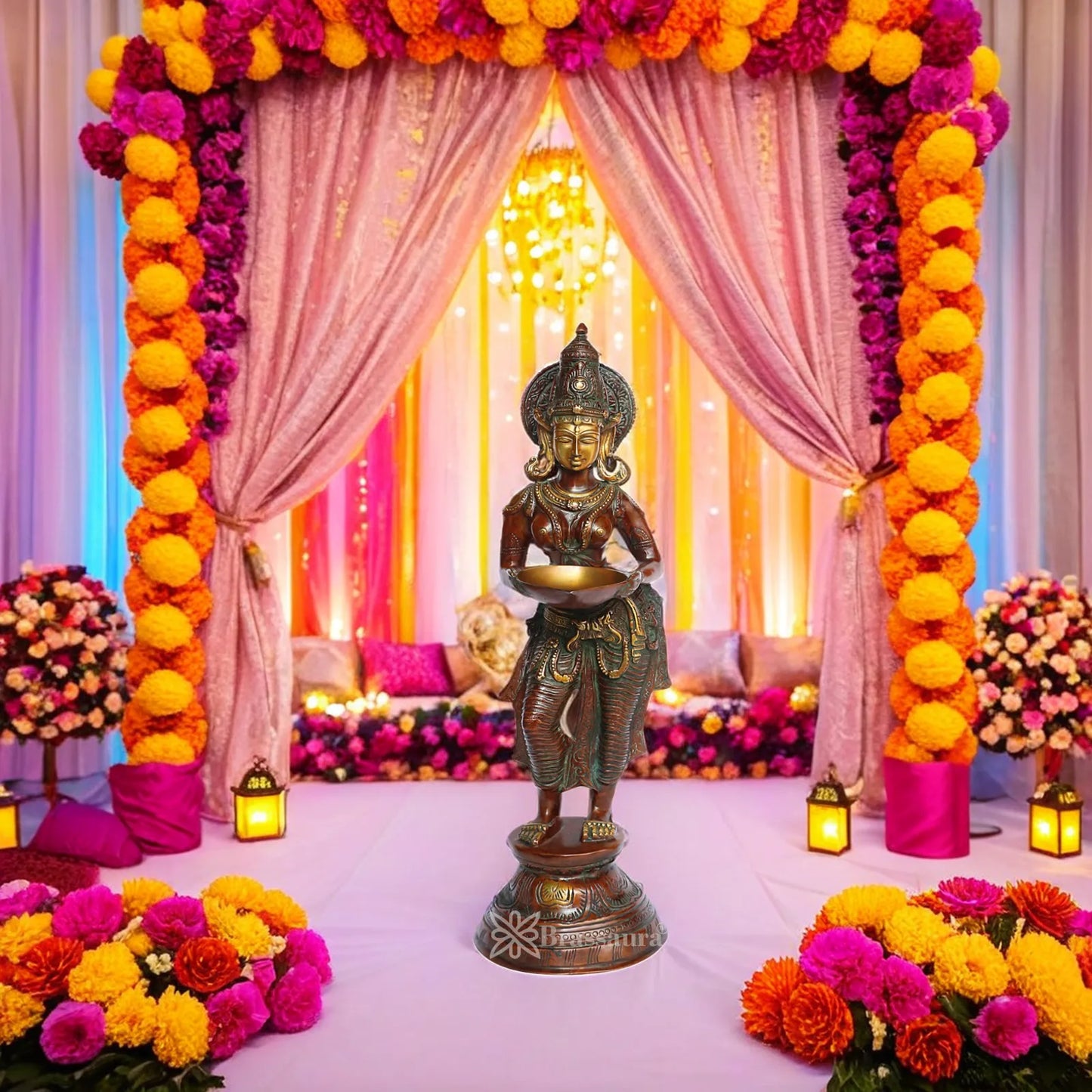 Brass Lady Holding Diya Weight 11.5 Kg And Height 28 Inch