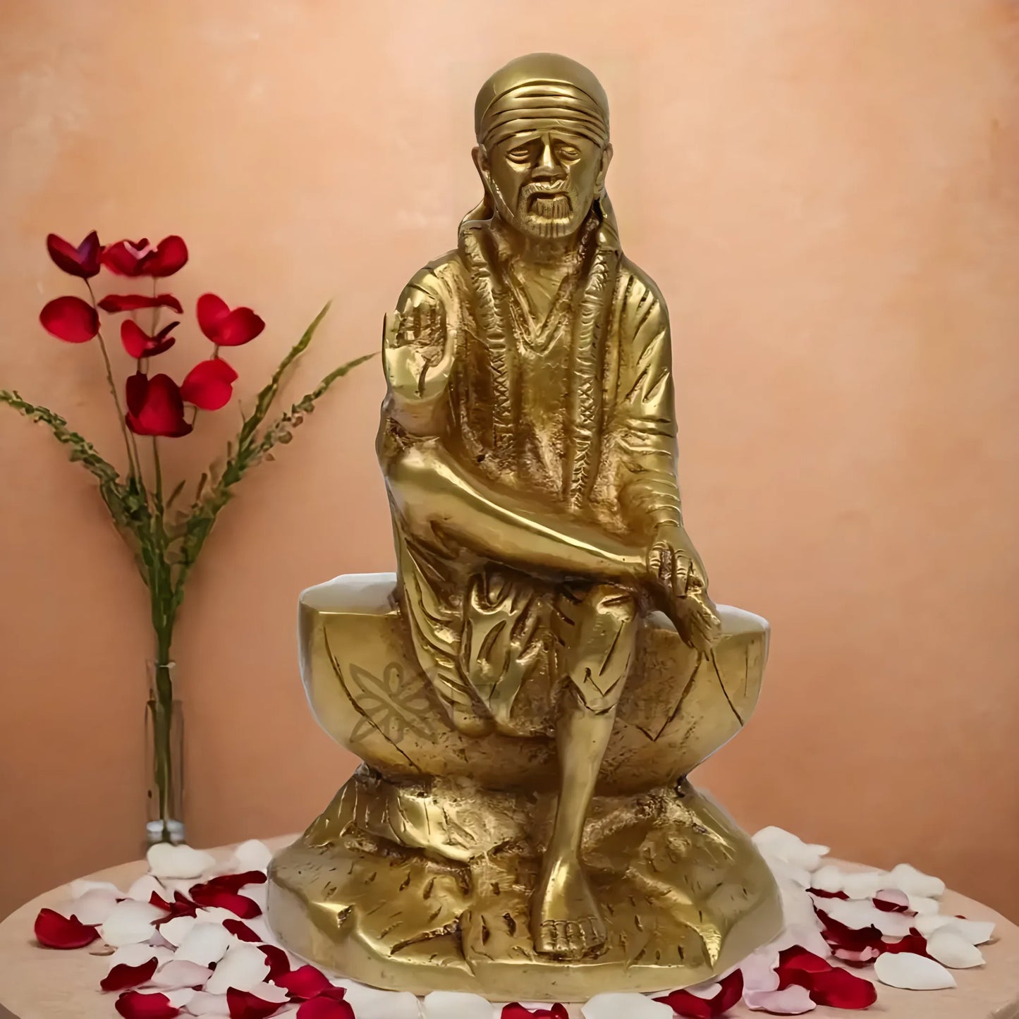 Brassaura™ Brass Sai Baba Idol – Height 9 Inches & Weight 2.1 Kgs | Handcrafted Spiritual Sculpture for Pooja Room
