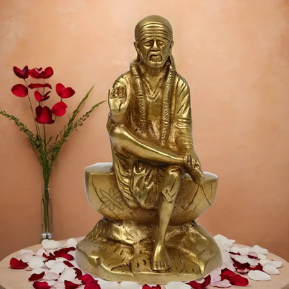 Brassaura™ Brass Sai Baba Idol – Height 9 Inches & Weight 2.1 Kgs | Handcrafted Spiritual Sculpture for Pooja Room
