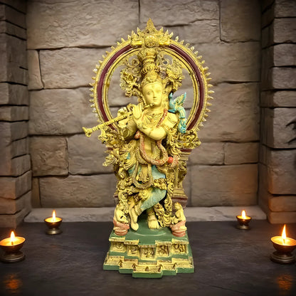 Brassaura™ Lord Krishna Handpainted with Large Prabhavali Frame | Pure Brass | Height 32 Inches & Weight 33 Kgs