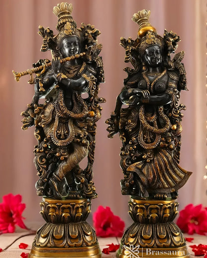 Brassaura™ Handmade Brass Radha Krishna Idol Pair with Black & Golden Finish – Height 29 Inches & Weight 32 Kgs | Devotional Statue
