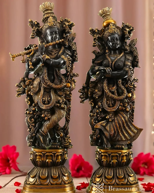 Brassaura™ Handmade Brass Radha Krishna Idol Pair with Black & Golden Finish – Height 29 Inches & Weight 32 Kgs | Devotional Statue