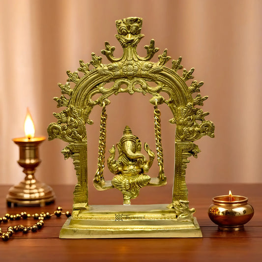 Brassaura™ Brass Swing Ganesha Jhula Statue – Height 11.81 inches & Weight 1.7 kgs | Traditional Ganpati Murti for Home & Pooja Room