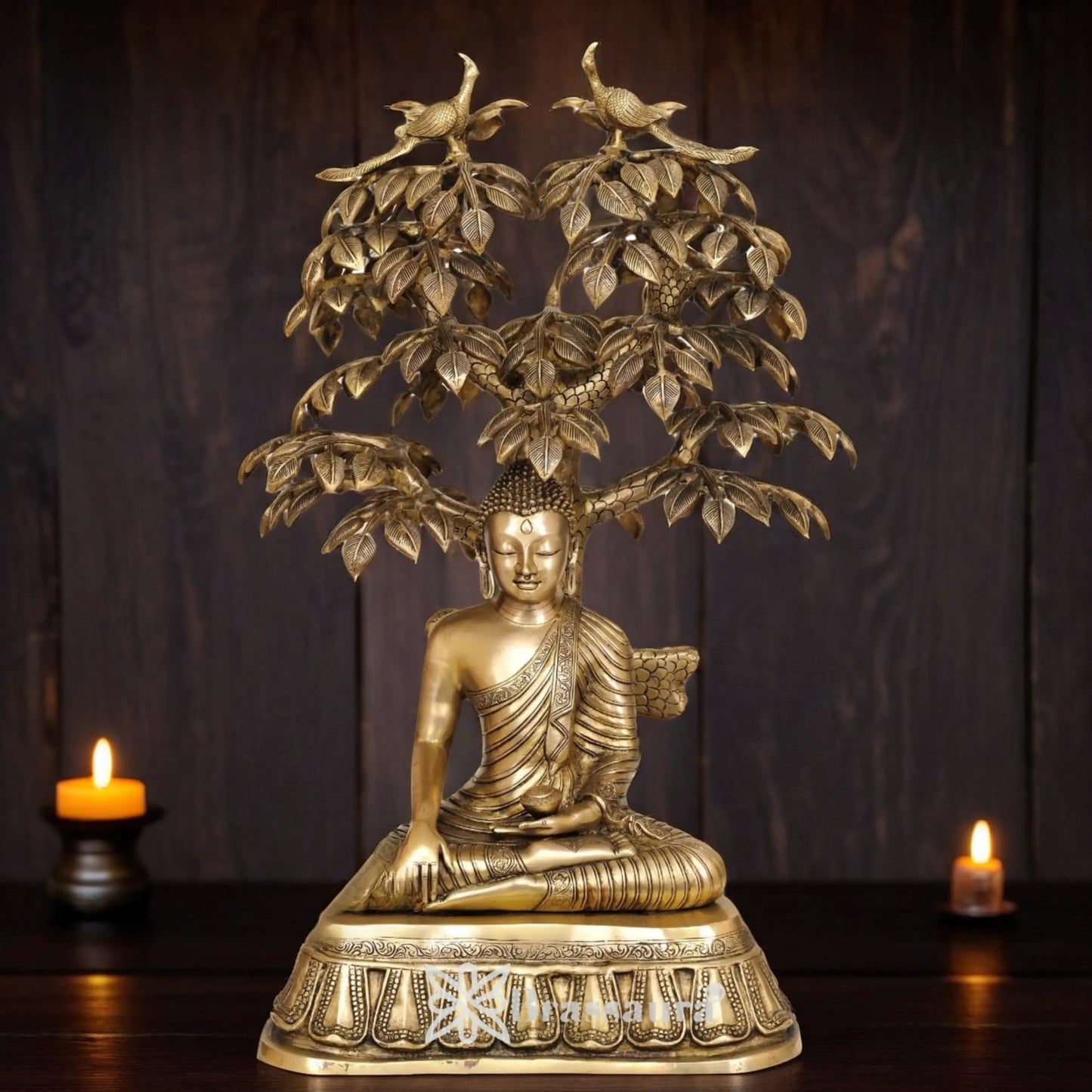Brassaura™ Brass Buddha With Tree – Height 31 Inches & Weight 37 Kgs | Artistic Handcrafted Idol for Peaceful Interiors