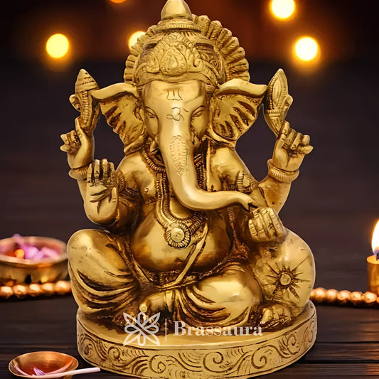 Brassaura™ Brass Ganesha Idol for Home Decor | Weight 2.4 Kgs | Height 7 Inches