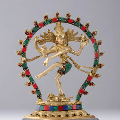 Brassaura™ Brass Handcrafted Nataraja Statue with Meenakari Stonework | Height 8.5 Inches & Weight 1.8 Kgs