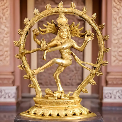 Brassaura™ Pure Brass Dancing Shiva Nataraja with Oval Arch | Handcrafted Spiritual Showpiece | Weight 1.2 Kgs | Height 9 Inches