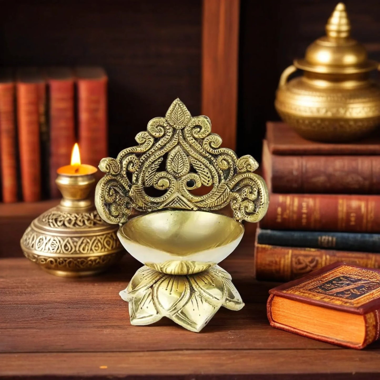 Brass Ethnic Carved Floral Design 5 Inches Brass Diya for Home Height 5 inches & Weight .65 Kg