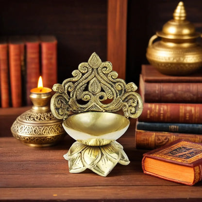 Brass Ethnic Carved Floral Design 5 Inches Brass Diya for Home Height 5 inches & Weight .65 Kg