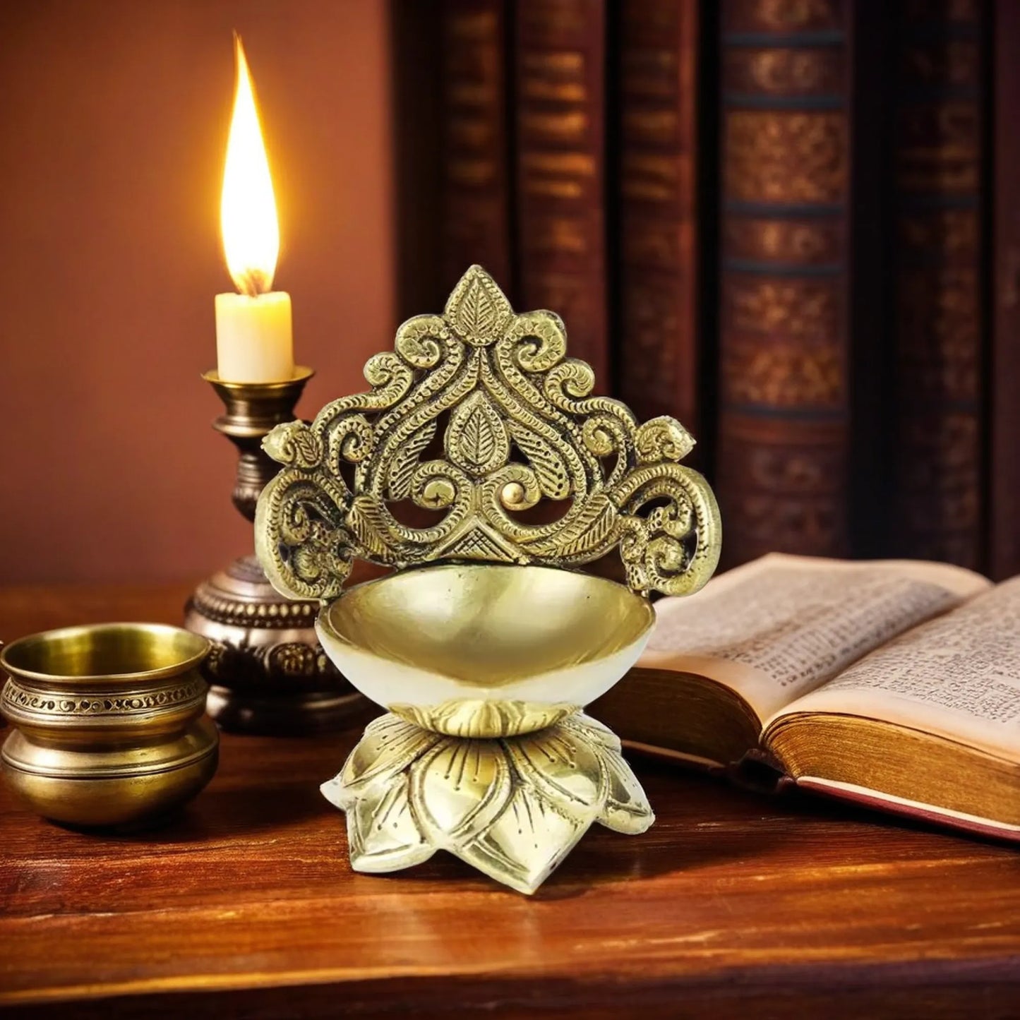 Brass Ethnic Carved Floral Design 5 Inches Brass Diya for Home Height 5 inches & Weight .65 Kg