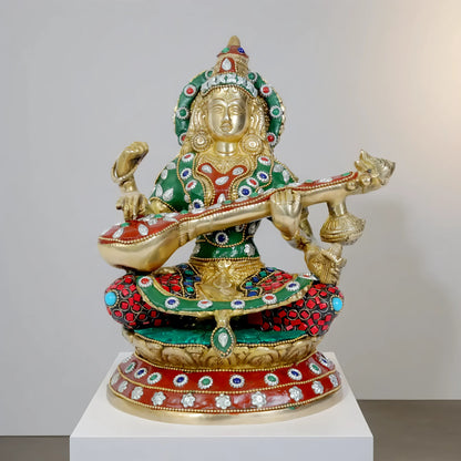 Brassaura™ Brass Saraswati with Gem Stone Work – Height 10.8 Inches & Weight 4 Kgs | Devotional Home Accent