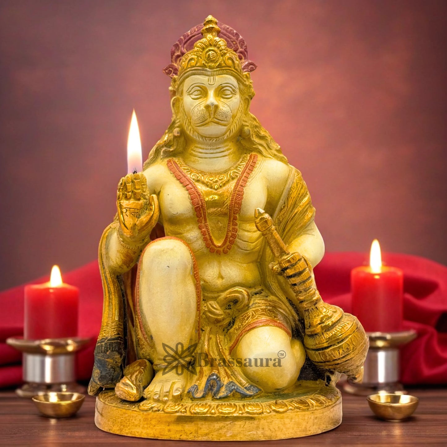 Brassaura™ Brass Multi Colored White & Gold Patina Finish Hanuman  – Height 9 Inches & Weight 3.3 Kgs | Handcrafted Idol