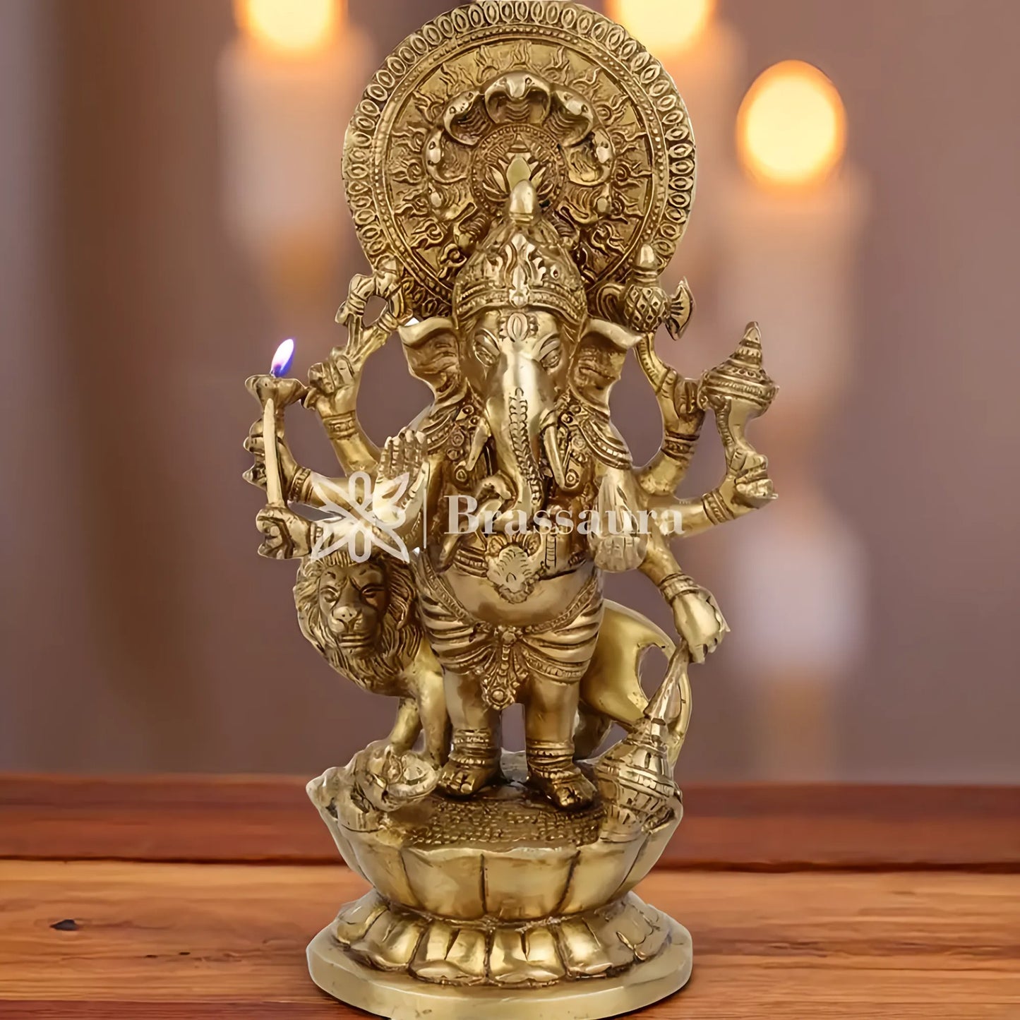 Brassaura™ Brass Lion Ganesha Idol for Home Décor | Weight 3.8 Kgs | Height 11.5 Inches