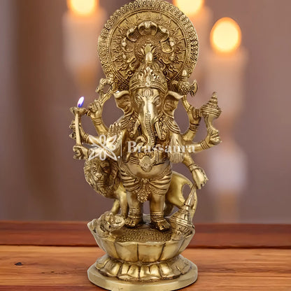 Brassaura™ Brass Lion Ganesha Idol for Home Décor | Weight 3.8 Kgs | Height 11.5 Inches