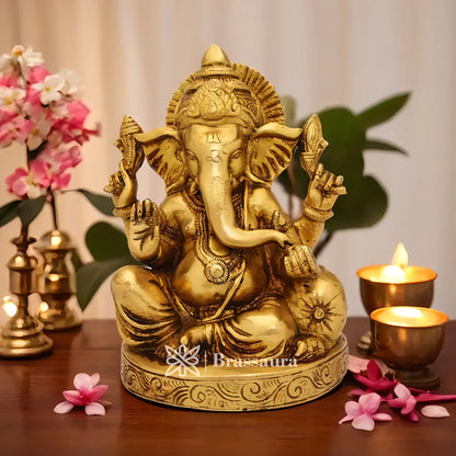 Brassaura™ Brass Ganesha Idol for Home Temple & Décor | Height 7 Inches & Weight 2.1 Kgs