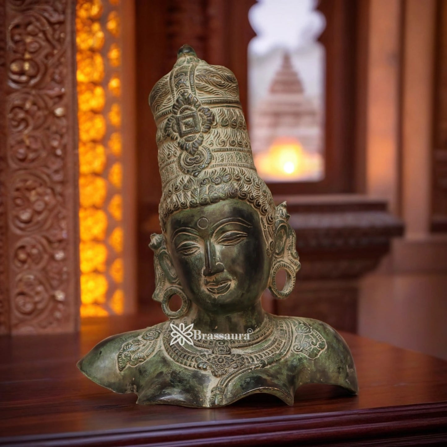 Brassaura™ Brass Parvati Head Statue | Handcrafted Devi Gauri Bust | Height 12 Inches & Weight 5.2 Kgs