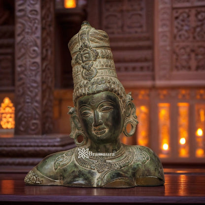 Brassaura™ Brass Parvati Head Statue | Handcrafted Devi Gauri Bust | Height 12 Inches & Weight 5.2 Kgs