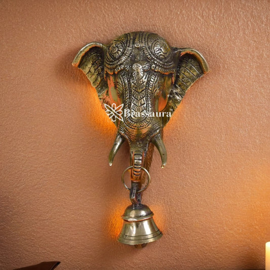 Brassaura™ Artistic Brass Ganesha Bell Wall Hanging – Height 8.5 Inches & Weight 1.75 Kgs | Spiritual Puja Accent