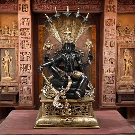 Brassaura™ Superfine Brass Lord Vishnu Idol with Sheshanaag & Hanuman | 29 Inches Height | 35 Kgs Weight | Black & Golden Heat-Treated Finish