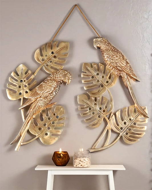 Brassaura™ Brass Parrot Pair on Tropical Tree – Total Weight 2.8 Kgs
