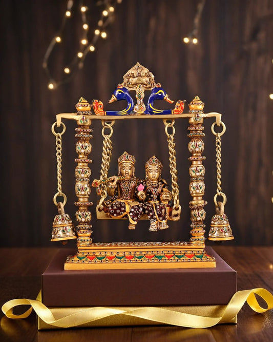 Brassaura™ Brass Radha Krishna Swing Idol with Laakh Meenakari – Height 10 Inches & Weight 2.5 Kgs | Elegant Devotional Statue