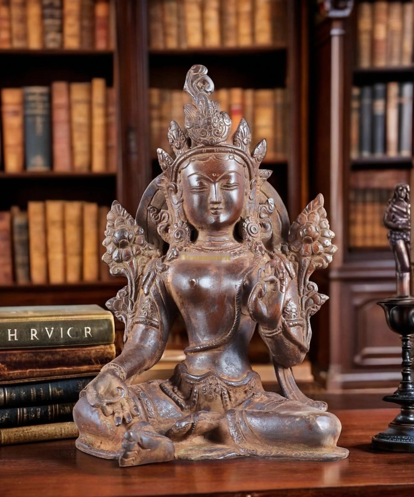 Brassaura™ Vintage Brass Green Tara Statue – Height 10.5 Inches, Weight 3.13 Kg