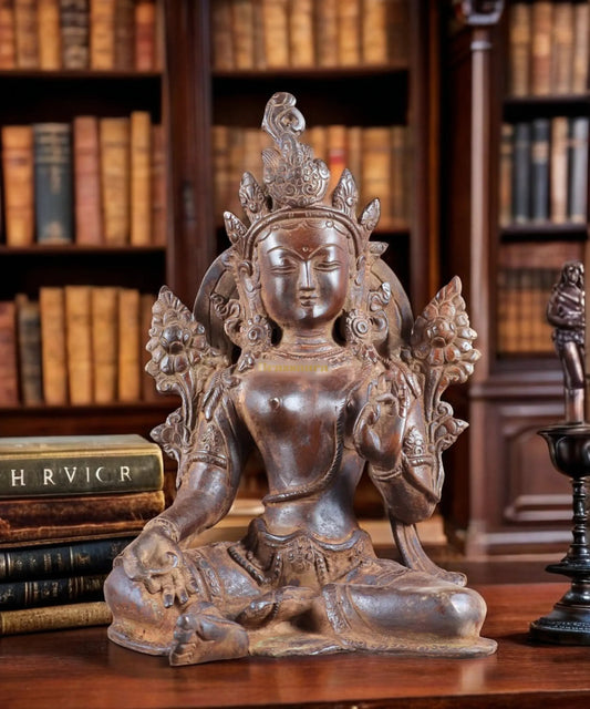 Brassaura™ Vintage Brass Green Tara Statue – Height 10.5 Inches, Weight 3.13 Kg