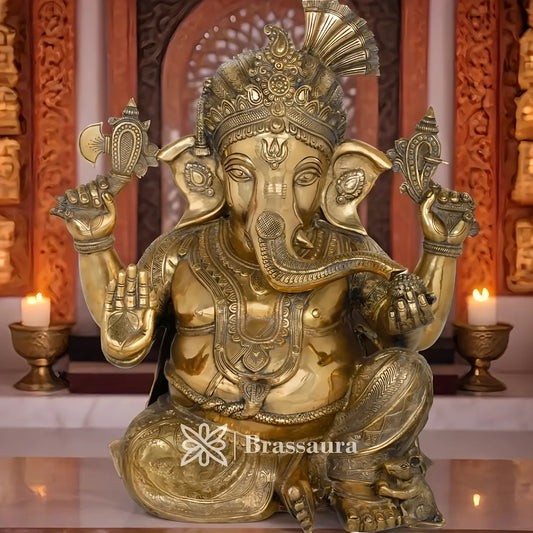 Brassaura™ Brass Turban Ganesha Idol for Home and Decor | Weight 26 Kgs | Height 21 Inches