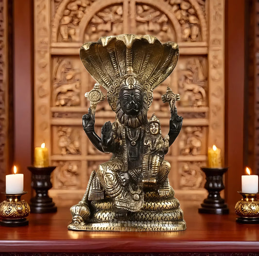 Brassaura™ Pure Brass Lord Narasimha with Goddess Lakshmi Statue – 8 Inch Height, 2.2 kg Weight | Black Gold Finish | Handcrafted Hindu Idol for Home & Temple