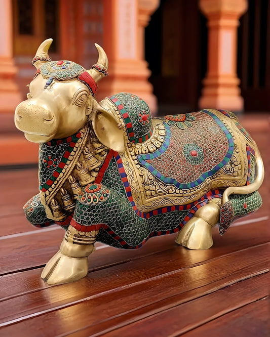 Brassaura™ Brass Nandi Statue with Stonework – Height 15 Inches & Weight 9 Kgs | Sacred Temple Idol