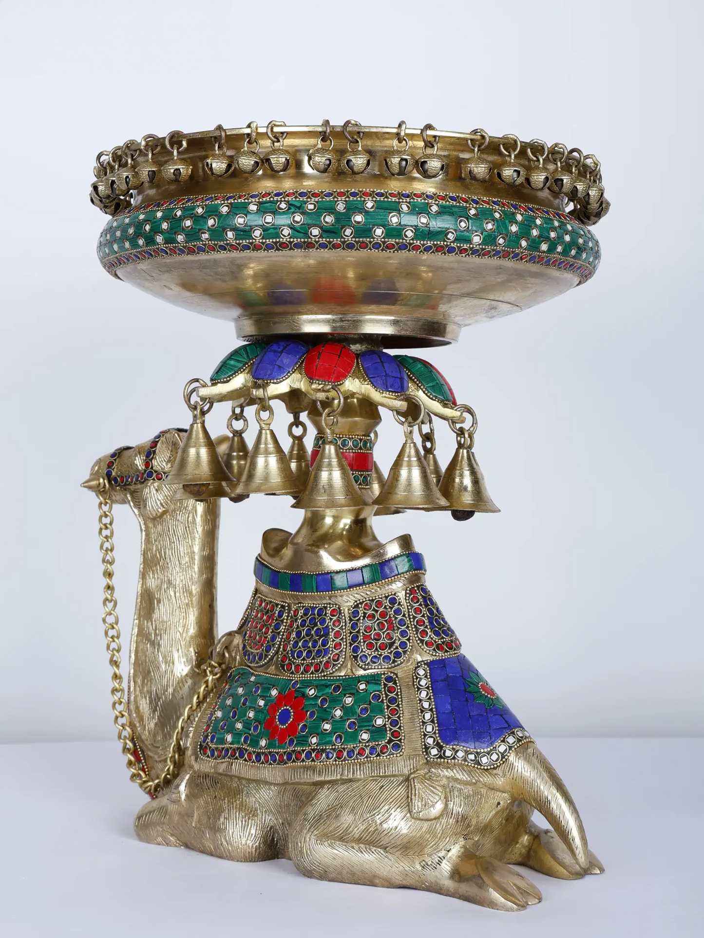 Brassaura® Royal Camel Brass Urli with Multicolor Inlay Work & Hanging Bells | Pure Brass | Height 16 Inches & Weight 15.75 kgs