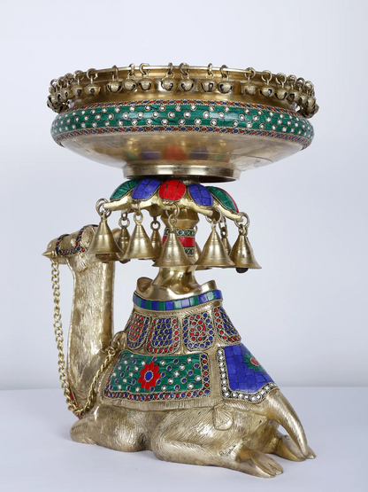 Brassaura® Royal Camel Brass Urli with Multicolor Inlay Work & Hanging Bells | Pure Brass | Height 16 Inches & Weight 15.75 kgs