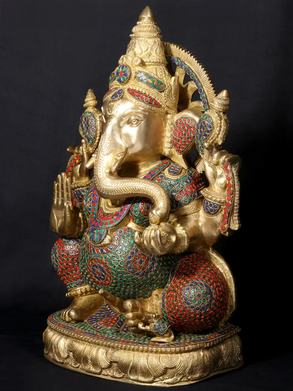 Brassaura™ Brass Lord Ganesha on Oval Base with Fine Stone Work | Height 18.5 Inches & Weight 19.82 kgs