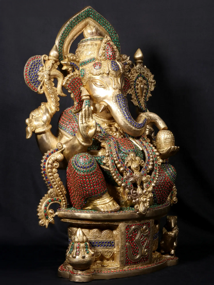Brassaura™ Seated Lord Ganesha on Ornate Throne | Pure Brass with Meenakari Stonework | Height 24 Inches & Weight 33.38 Kgs