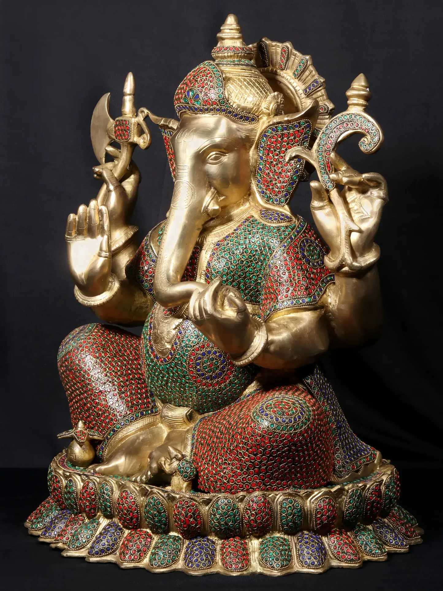 Brassaura™ Seated Lord Ganesha on Ornate Throne | Pure Brass with Meenakari Stonework | Height 23 Inches & Weight 31.86 Kgs