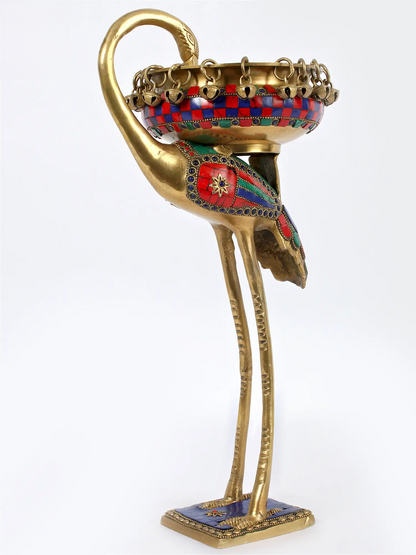 ब्रासौर® फ्लेमिंगो ब्रास उर्ली, मल्टीकलर इनले वर्क और हैंगिंग बेल्स के साथ | शुद्ध पीतल | ऊंचाई 17 इंच और वज़न 2.91 किलोग्राम