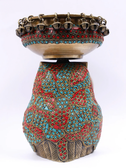 Brassaura® Decorative Brass Owl Urli with Inlay Work | Pure Brass | Height 10 Inches & Weight 4.15 kgs