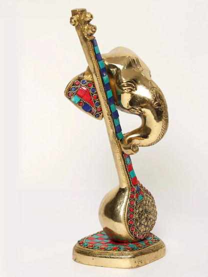 Brassaura™ Brass Lord Ganesha Head with Veena & Stone Inlay Work | Height 12 Inches & Weight 3.06 kgs