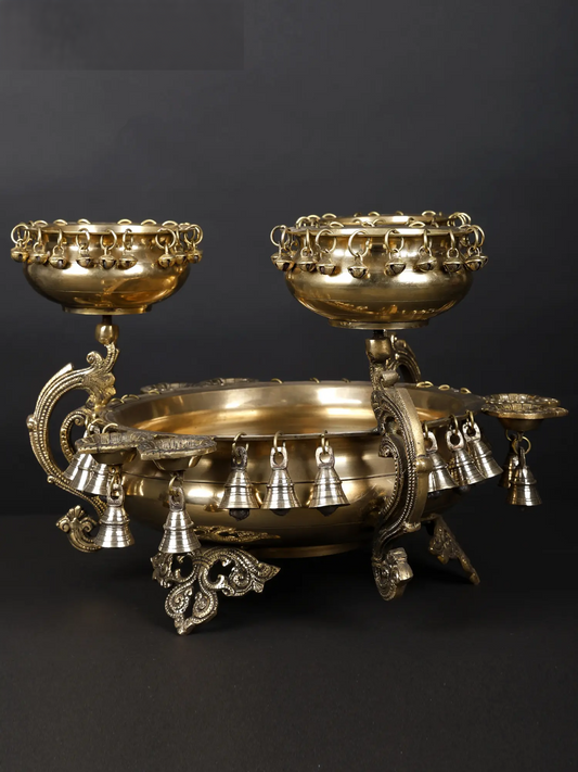 Brassaura® Four in One Designer Brass Urli with Bells and Diyas | Pure Brass | Height 12.6 Inches & Weight 15.75 kgs