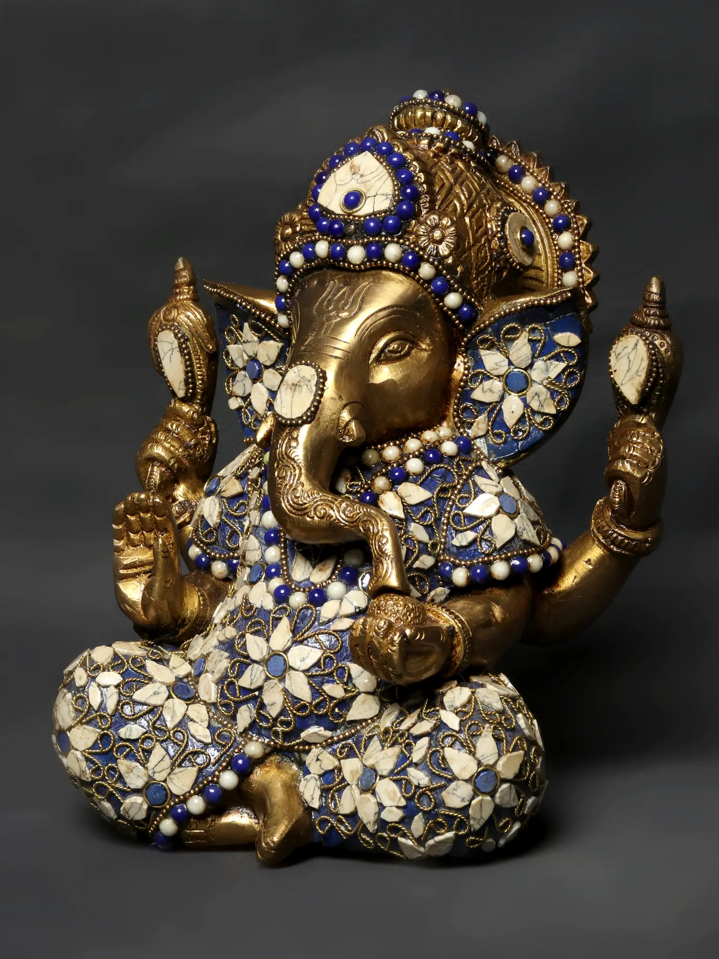 Brassaura™ Blessing Lord Ganesha Brass Idol with Inlay Work | Height 9 Inches & Weight 4.33 kgs