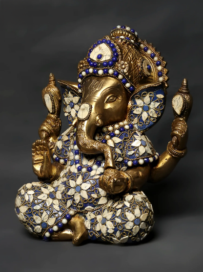 Brassaura™ Blessing Lord Ganesha Brass Idol with Inlay Work | Height 9 Inches & Weight 4.33 kgs