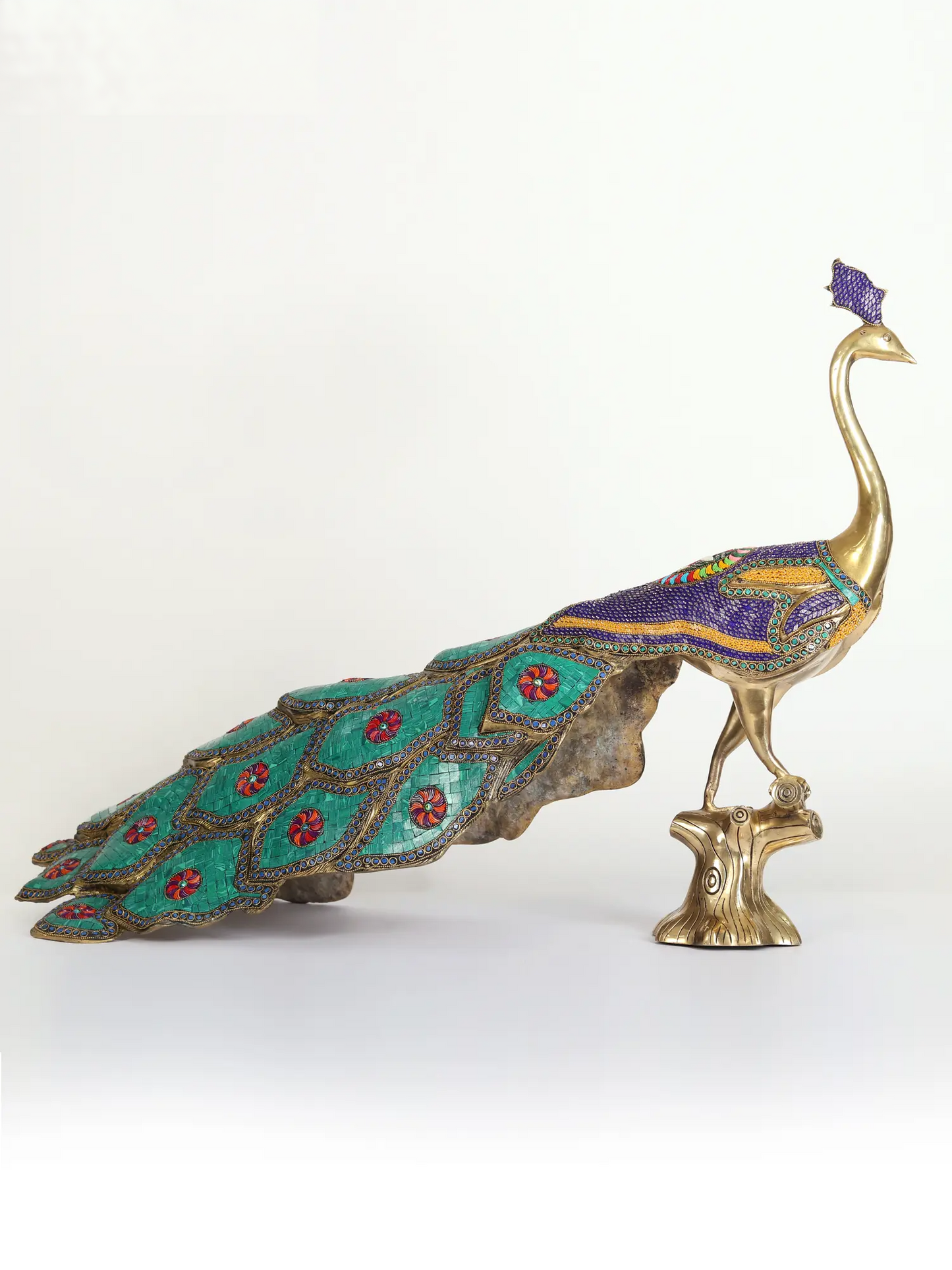 ब्रासौरा® ब्रास पीकॉक प्रतिमा स्टोन इनले वर्क के साथ | शुद्ध पीतल | ऊंचाई 24.8 इंच और वज़न 25.40 किलोग्राम